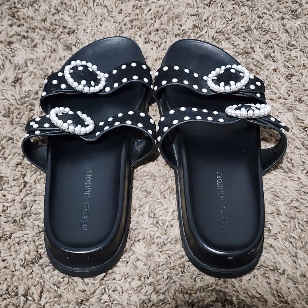 Rebecca Minkoff Lark Pear Embellished Black Slide Buckle Sandals 7.5 Edgy Chic - Picture 3 of 7